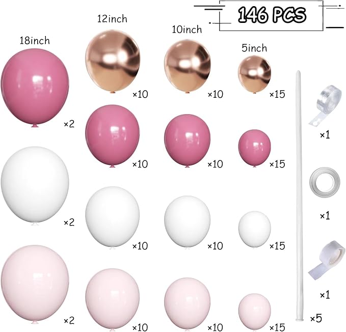 MOXMAY146Pcs Retro Rose Baby Pink Champagne White Sand Balloons Garland Arch Kit, Latex Balloons Different Sizes 18 12 10 5 Inch for Party Decorations, Wedding Backdrop, Birthday, Graduation