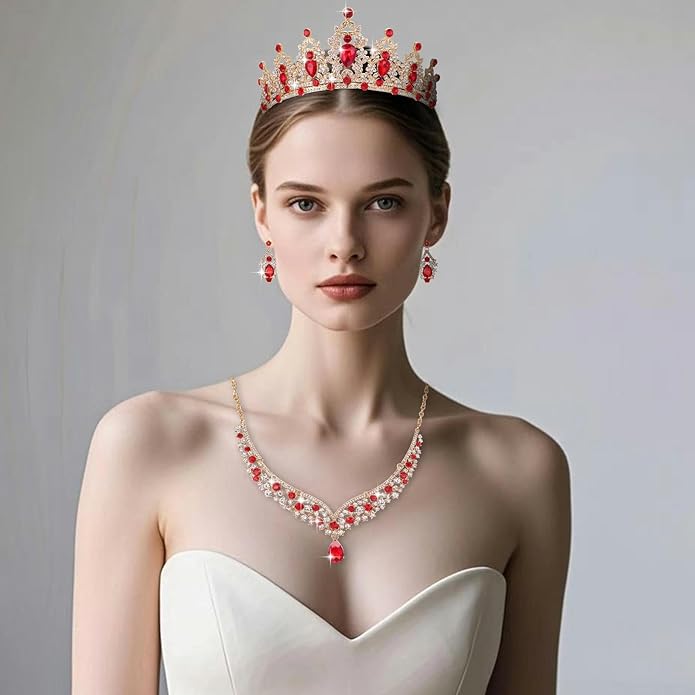 Tiaras and Crowns for Women,Tiaras Earrings Necklace, Crystal Bridal Jewelry Set (Red)