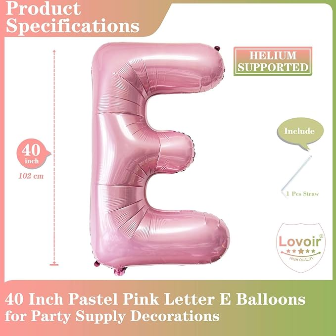 Lovoir Pink Letter E Balloons, 40 Inch Pastel Pink Letter Balloons E Foil Mylar Helium Pink Letter Balloons for Birthday Party Supplies Anniversary Event Celebration Decorations Alphabet Pink E