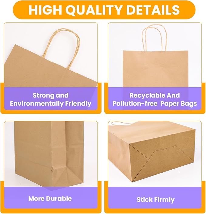 XPCARE Large Brown Paper Bags, 200 Packs 10x5x13 Inch Gift Bags with Handles Bulk Paper Bag with Handles Retail Kraft Paper Bag Brown Gift Bags for Wedding Party Shopping