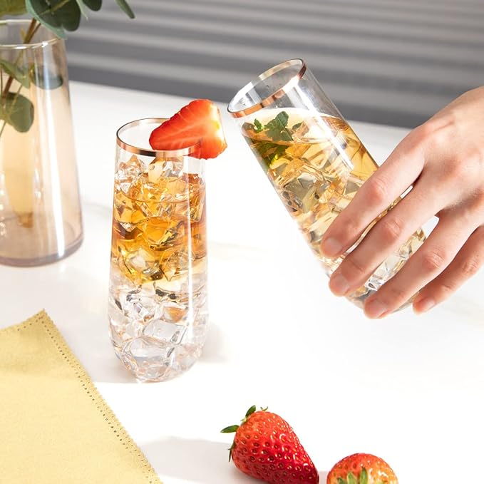 SUT 24PCS Rose Gold Champagne Flutes Plastic, 9oz Stemless Plastic Champagne Glasses, Rose Gold Rim Clear Toasting Glasses, Unbreakable, Shatterproof Mimosa Glasses, For Party,Shower