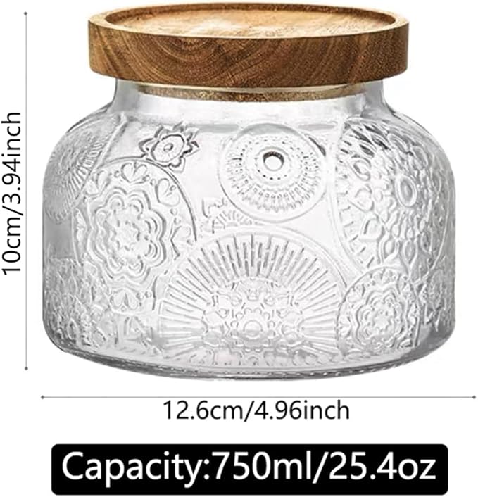 ANSQU Vintage Glass Food Storage Jar, Glass Jar with Wooden Lid, 25.4 FL OZ Decorative Glass Jar for Home Kitchen, Holds Coffee, Candy, Cookie, Sugar (Large Flower)