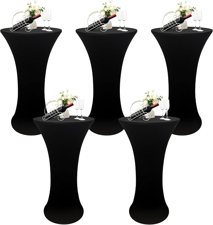5PCS 24x43 Inch Round Fitted Cocktail Table Cover Black Spandex Cocktail Table Cloth Highboy Fitted Tablecloth High Top Table Cloths for Party Pub Banquet Bistro