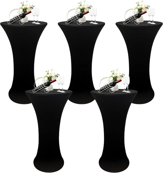5PCS 24x43 Inch Round Fitted Cocktail Table Cover Black Spandex Cocktail Table Cloth Highboy Fitted Tablecloth High Top Table Cloths for Party Pub Banquet Bistro