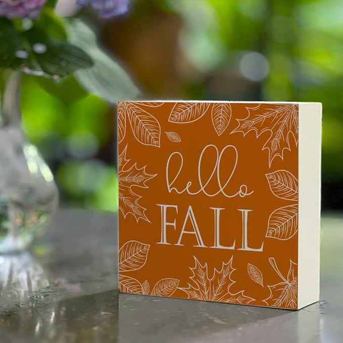 Fall Theme Sign Retro Farmhouse Fall Artwork Decor Autumn Harvest Thanksgiving Wooden Sign, Rustic Wood Maples Decorations for Indoor Outdoor Home Office Supplies (Hello Fall)