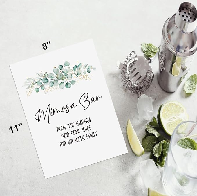 UHADRE Baby Shower Mimosa Bar Sign, Eucalyptus Greenery Gold Boho Baby Shower Sign (8 x 11 inch) BSS10