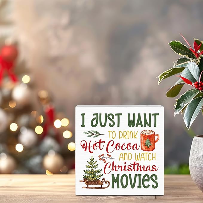 Christmas kitchen Coffee Decor Xmas Lets Bake Stuff Drink Hot COCOA & Watch Christmas Movies Sign for Holiday Kitchen Home Coffee Party Decoration 5 X 5 Inch