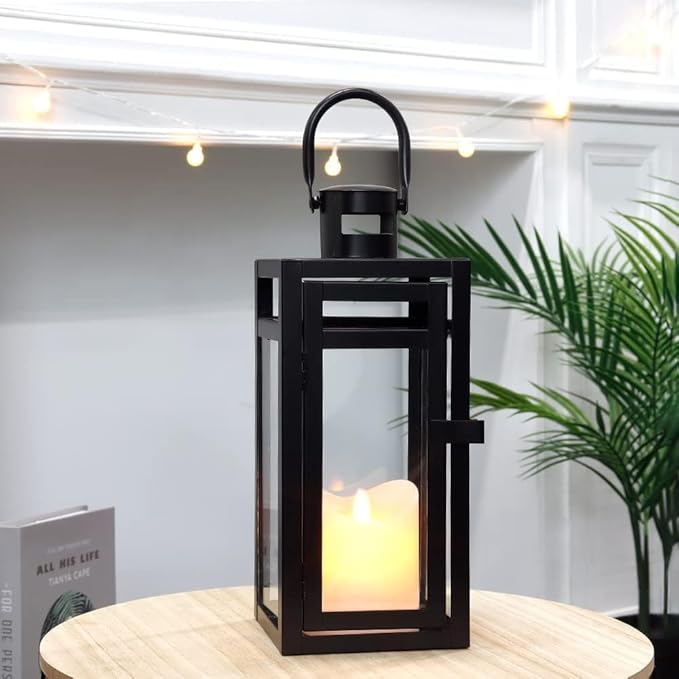 TRIROCKS Set of 2 Metal Candle Lantern 12'' High Decorative Outdoor Lantern Hanging Lantern with Tempered Glass for Christmas Home Living Room Parties Events Tabletop Indoors Outdoors(Black Matte)
