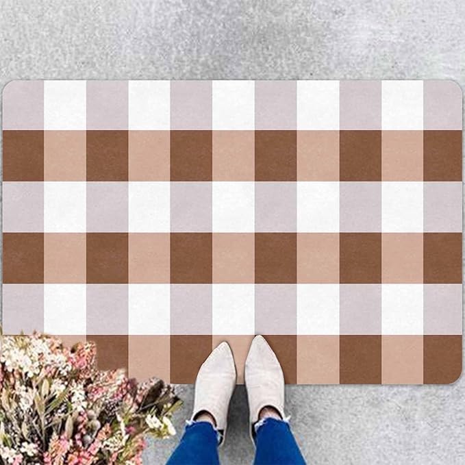 Fall Door Mat Orange and Black Buffalo Plaid Welcome Doormat Farmhouse Floor Mat Non-Slip Entrance Hello Rug Door Rugs for Indoor Outdoor Home Decor, 30"x18"inch