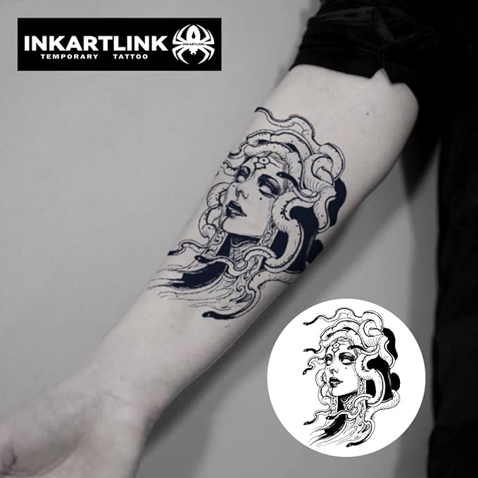 INKARTLINK Tattoo Tech, 2 Sheets Large Semi Permanent Tattoo, Adult Art Design Temporary Tattoos, Lasts 1-2 Weeks, Waterproof, Realistic Look, No Adhesive, No Reflection (Realistic Medusa Design)