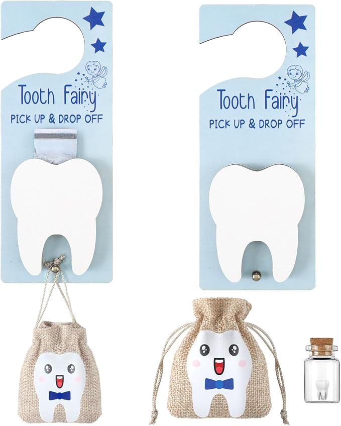 Tooth Fairy Holder Bag Hanger with Money Slot Keepsake Bottle Velvet Pouch Tooth Fairy Box Encourage Gift for Lost Teeth Boy Girl Milk(Classic,Blue Brown)