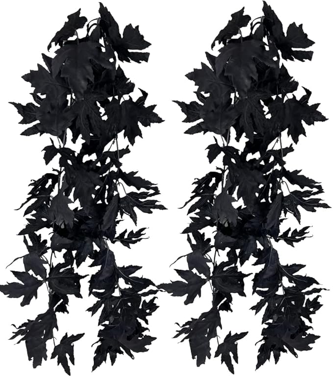 2 Pack Halloween Garlands Fall-Decor Maple Leaf, 6ft Foliage Mantle Vine Artificial Fall-Decorations for Home Fireplace Mantle Front Door Decor(Black)