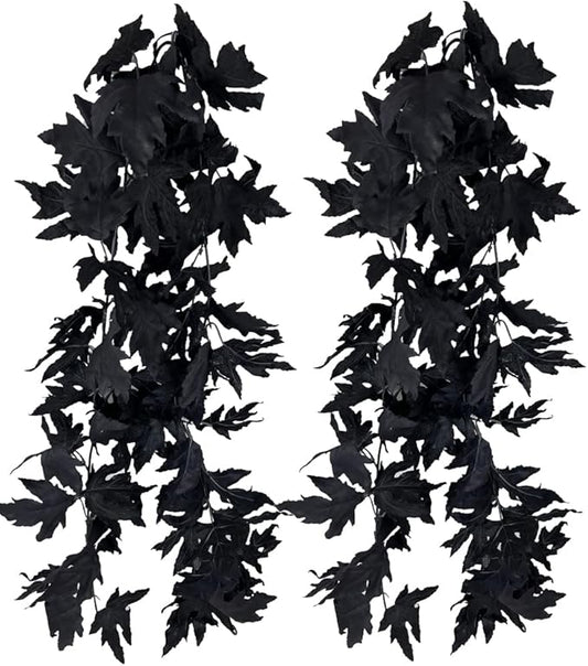 2 Pack Halloween Garlands Fall-Decor Maple Leaf, 6ft Foliage Mantle Vine Artificial Fall-Decorations for Home Fireplace Mantle Front Door Decor(Black)