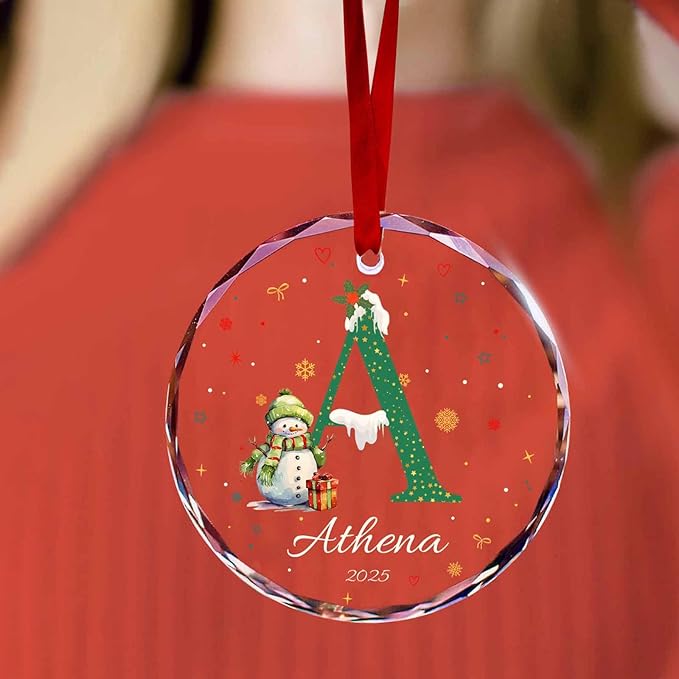 Personalized Round Christmas Crystal Glass Ornaments Custom 2025 Name Ornament for Christmas Tree Decor Customized Xmas Santa Claus Tree Hanging Gifts for Family
