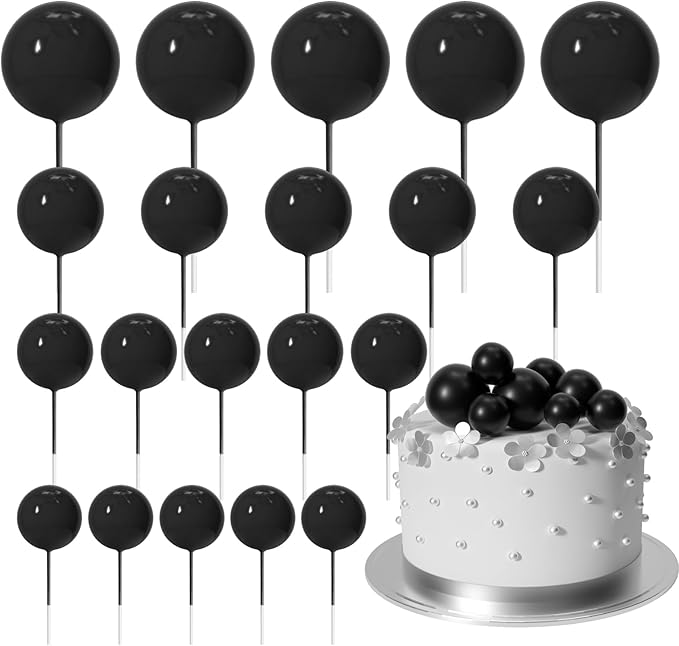 ASTARON 20 Pcs Ball Cake Topper Decorations Mini Balloons Cake Toppers Sticks Black Balls Cake Picks Cake Topper Balls for Graduation Birthday Cake Decorations
