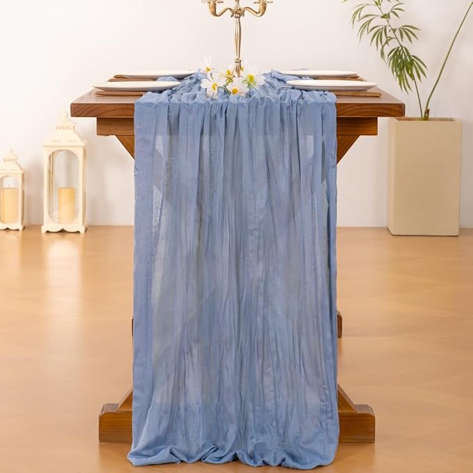 Socomi 3pcs Dusty Blue Fall Thanksgiving Cheesecloth Table Runner Boho Rustic Gauze 120 inch 10FT Cheese Cloth Runner for Wedding Party Baby Shower Birthday Home Decor Holiday Decorations