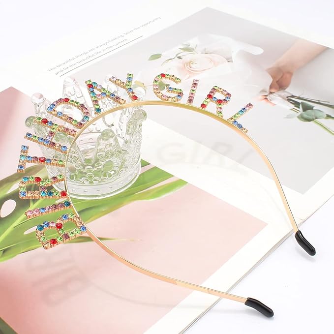 AOPRIE Hairband Birthday Tiara for Women Girls Happy Birthday Princess Crown Rhinestone Accessories, Gold Purple Colorful