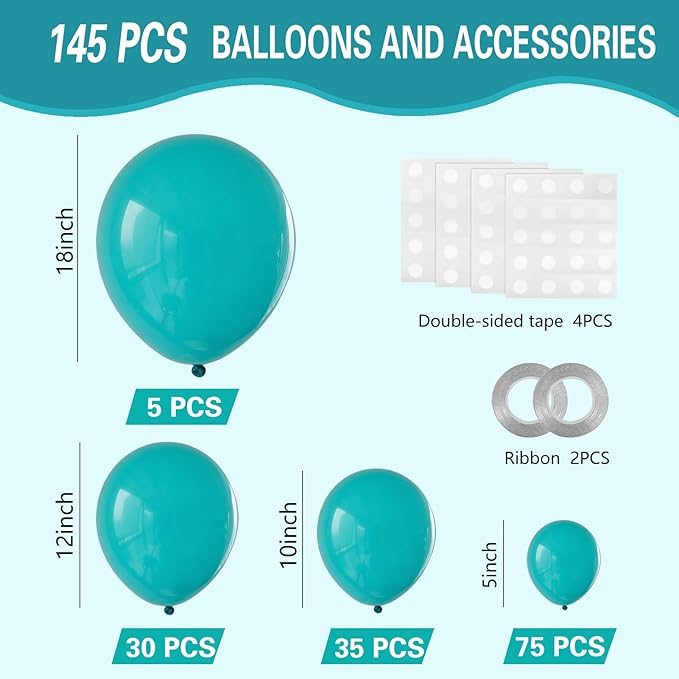 Turquoise Blue Peacock Blue Balloons 145pcs Different Sizes 5in 10in 12in 18in Teal Aqua Latex Balloon Arch Kit Garland for Wedding Baby Shower Birthday Party Decoration