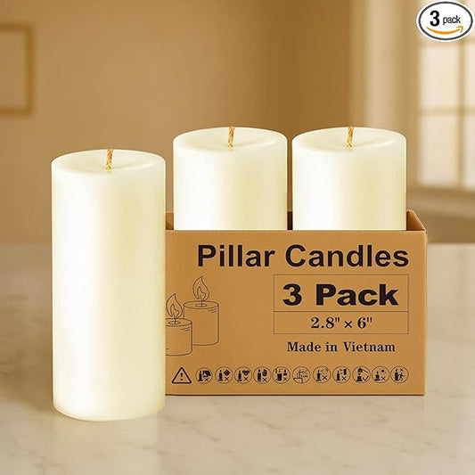 Ivory Pillar Candles, Set of 3, 70 Hour Long Burning, Unscented and Dripless Pillar Candles Bulk, Large (3x6 inch) for Christmas Lights, Wedding, Parties,Spa,Dinner Table, Home Decor