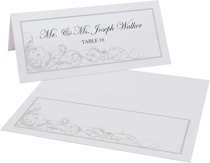 Scribble Vintage Swirl Place Cards, Silver (Choose Color), Set of 150, Pre-cut and Scored - Wedding, Party, Dinner, and Special Events - Made in the USA