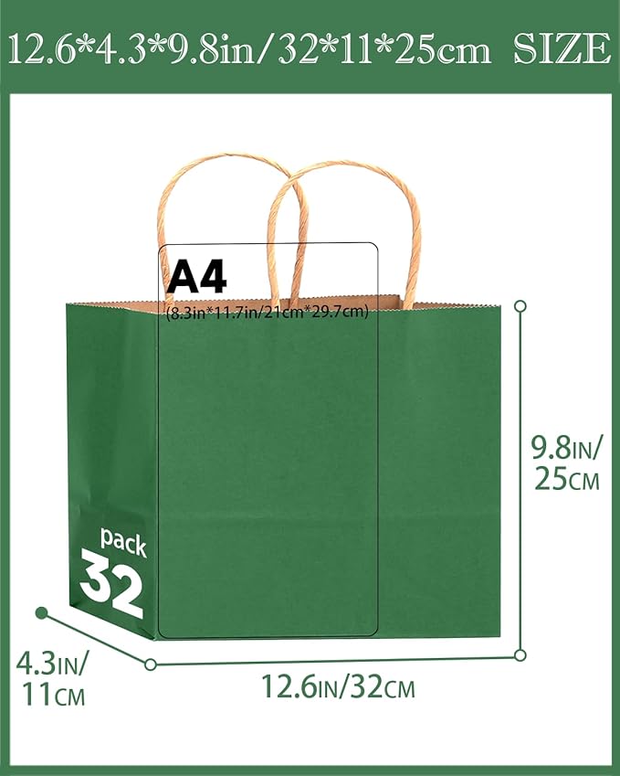 qiqee 50-Packs Kraft Deep Green Paper Gift Bags with Handles Bulk 12.6"x4.3"x10" Wide Large Size Party Favor Bags Multiple Uses