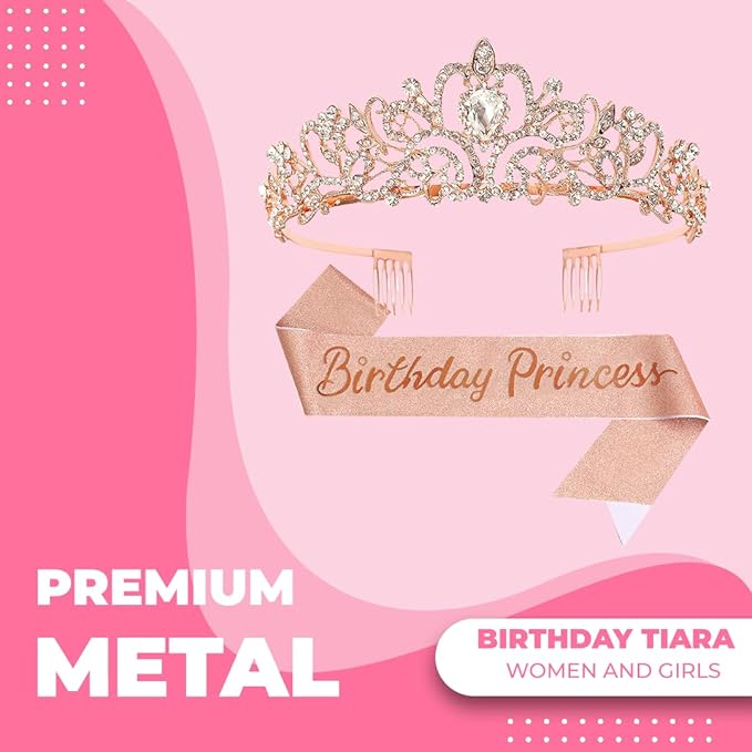 Birthday Tiara and Crown with Sash for Women, Hair Accessories for Wedding Party Costume (C- Rose)