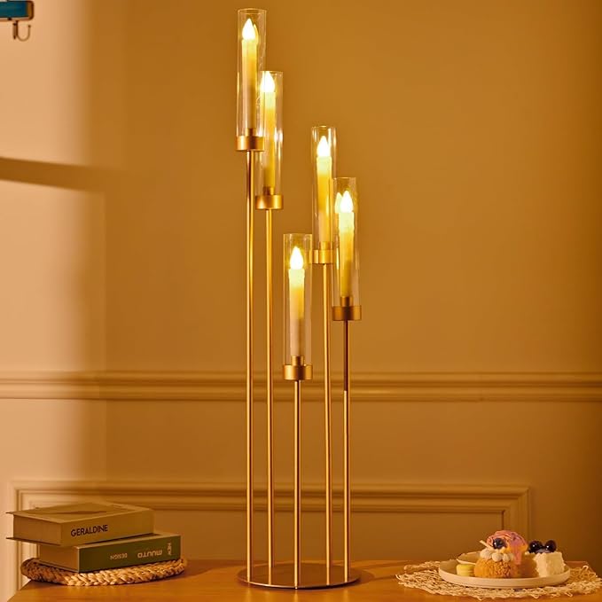 10PCS Gold Floor Candelabra,5 Arm Candle Holder Tall Floor Candle Holder with Acrylic Lampshade for Wedding Table Birthday Party Home Decoration Fit LED Taper Candles