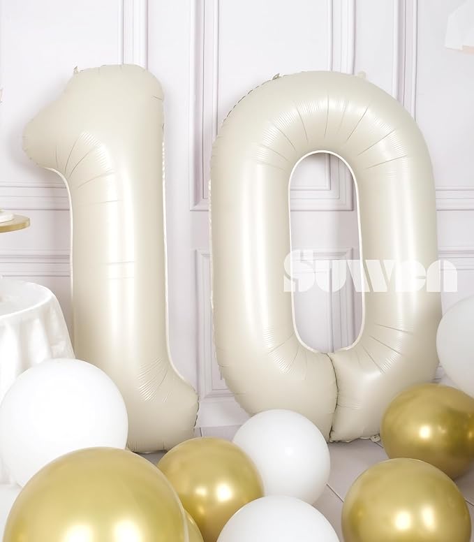 SUWEN 40 Inch Cream White Large 10 Balloon Numbers Big Foil Helium Number Balloons 0-9 Jumbo Happy 10th Mylar Birthday Party Decorations for Boy or Girl Anniversary Party Supplies