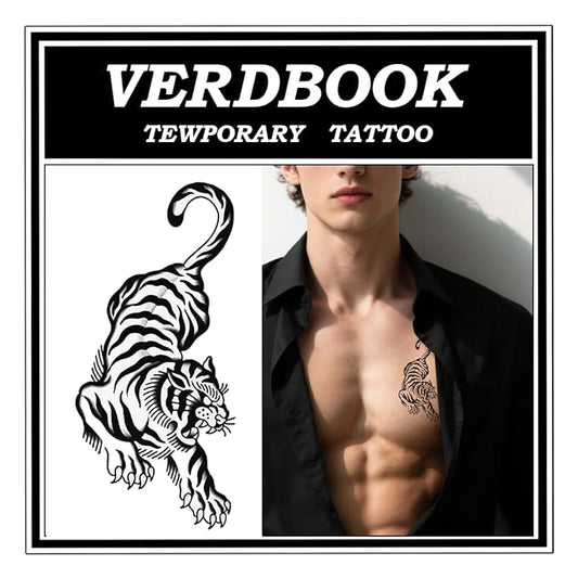 Waterproof Temporary Tattoos: 2-Sheet Tattoo Kit with Realistic Body Stickers, Semi-Permanent Tattoos for Adults Lasting 7-15 Days – Safe for Men & Women, Tiger Tattoo Pattern