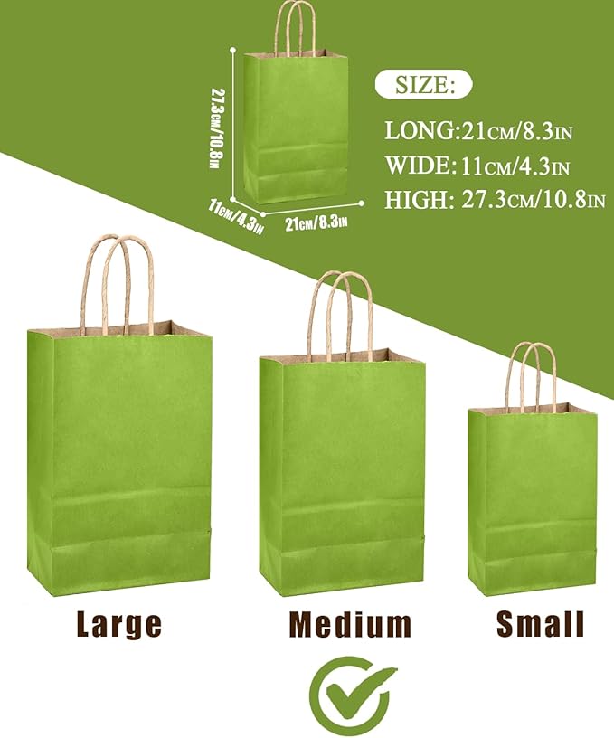 qiqee Forest Green Gift Bag with Handles Bulk 24Pcs Paper Bags -10.6"x8.3"x4.3"Party Favor Bags - Solid Color