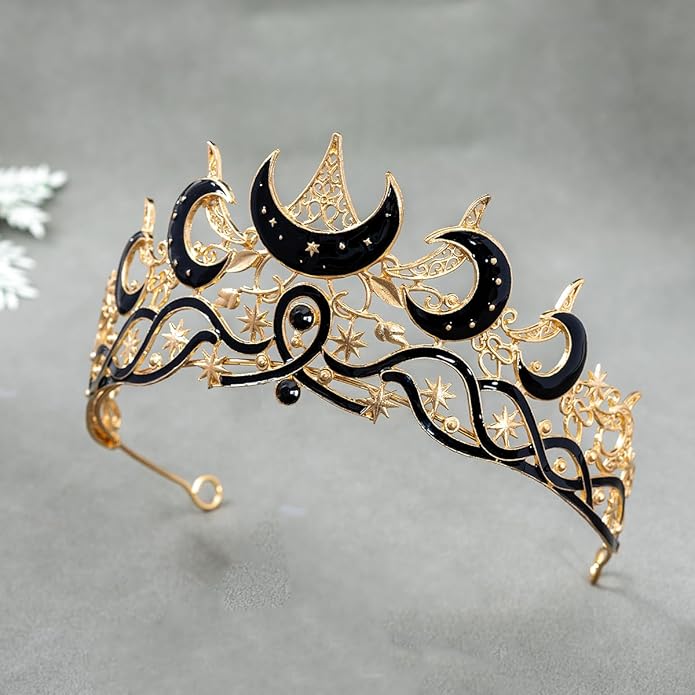 Gothic Black Moon Star Tiara Crown for Women Girls, Retro Celestial Witch Headpiece with Crescent Moon and Stars, Costume Cosplay Halloween Party Prom Wedding Birthday Accessories