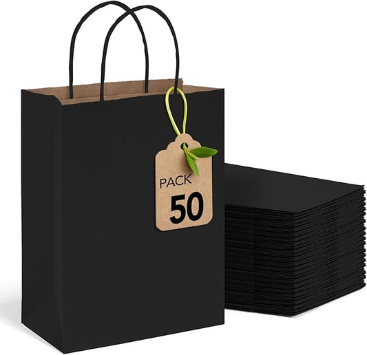 MESHA 8x4.25x10.5 Inch Black Kraft Paper Gift Bags with Handles, 50 Pack Recycled Reusable Shopping Bags Bulk for Craft Wedding Party Favors Retail Grocery Birthday Business