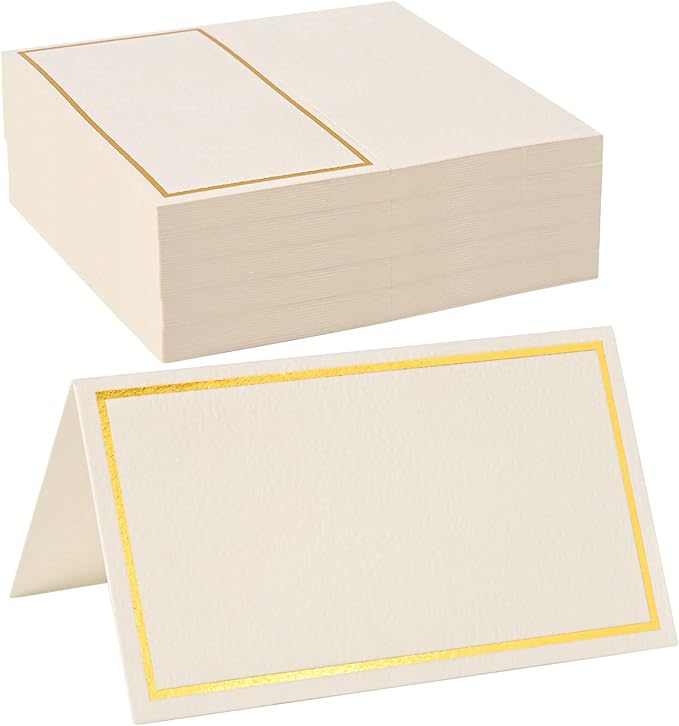 100 Pack Place Cards for Table Setting with Gold Foil Border Table Tent Cards for Seating Perfect for Weddings, Dinner Parties, Banquets 2” x 3.5”