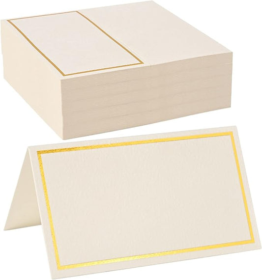 100 Pack Place Cards for Table Setting with Gold Foil Border Table Tent Cards for Seating Perfect for Weddings, Dinner Parties, Banquets 2” x 3.5”