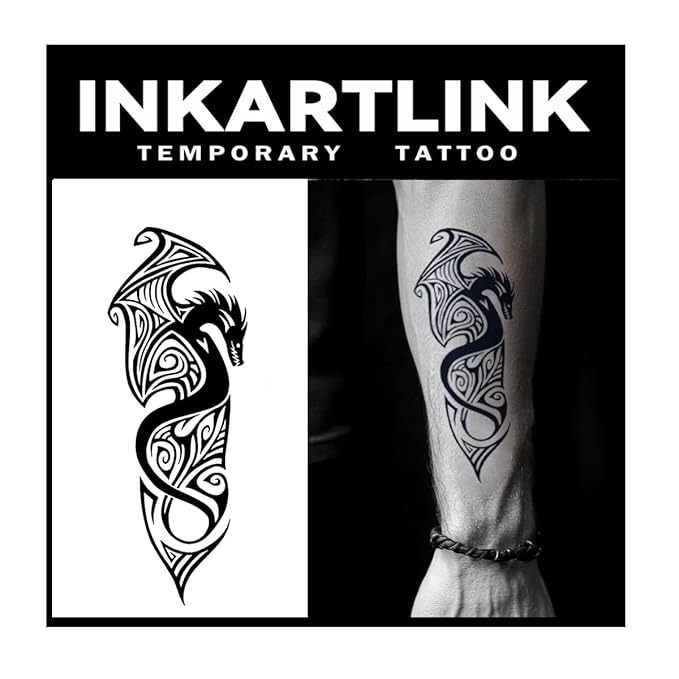 INKARTLINK Tattoo Tech, 2 Sheets Medium Semi Permanent Tattoo, Adult Art Design Temporary Tattoos, Lasts 1-2 Weeks, Waterproof, Realistic Look, No Adhesive, No Reflection (Evil Dragon Design)