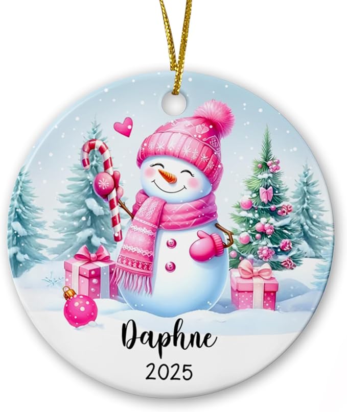 Personalized Pink Snowman Ceramic Christmas Ornament, Custom Name Snowman Lover Keepsake Gift for Kids Daughter Wife Her Girlfriend