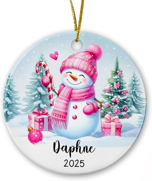 Personalized Pink Snowman Ceramic Christmas Ornament, Custom Name Snowman Lover Keepsake Gift for Kids Daughter Wife Her Girlfriend