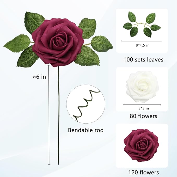 Artificial Flowers Realistic Roses, Real Looking Fake Roses with Stem for DIY Wedding Bouquets Centerpieces Bridal Shower Party Home Romantic Decorations (White & Wine Red, Regular 3" - 200pcs)