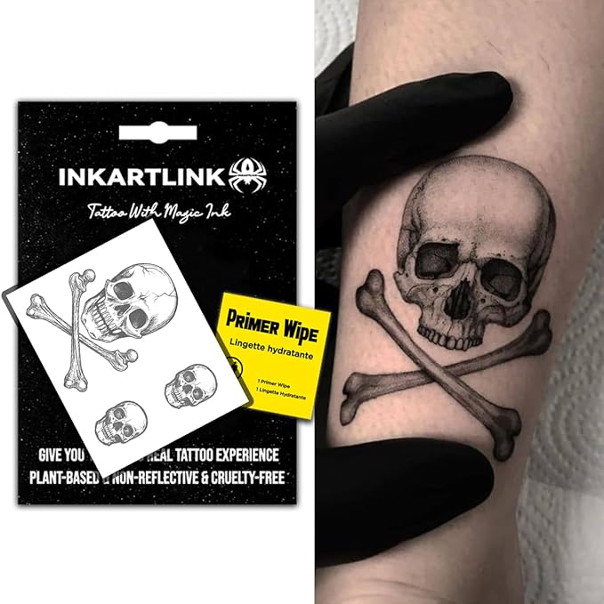 INKARTLINK Semi-Permanent Tattoo Stickers, Cool Boy Party Skull Tattoos, Exquisite and Realistic Designs, Fun Tattoo Experience, Non-reflective, Waterproof (Jolly Roger)