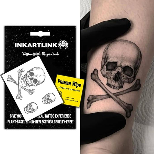 INKARTLINK Semi-Permanent Tattoo Stickers, Cool Boy Party Skull Tattoos, Exquisite and Realistic Designs, Fun Tattoo Experience, Non-reflective, Waterproof (Jolly Roger)