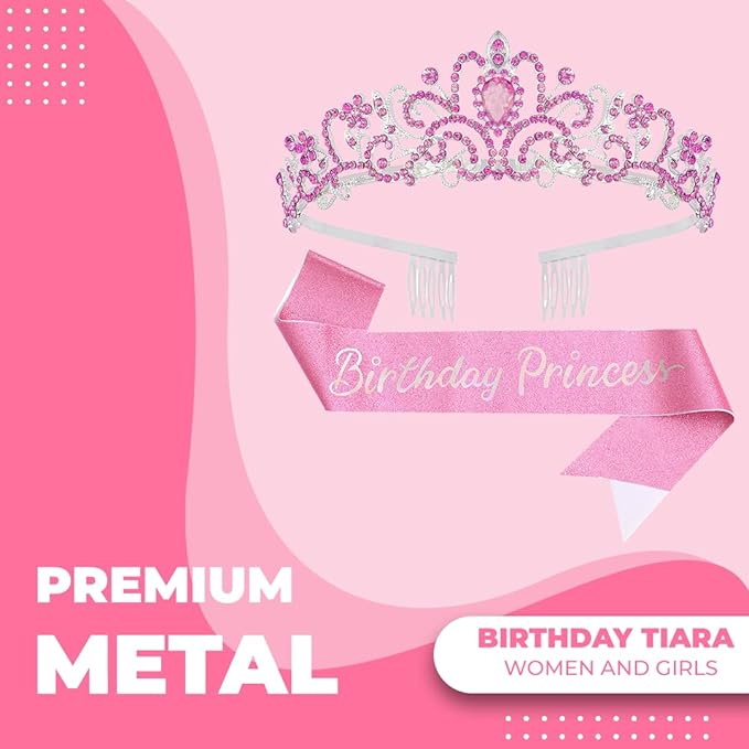 Birthday Tiara and Crown with Sash for Women, Hair Accessories for Wedding Party Costume (C - Pink)
