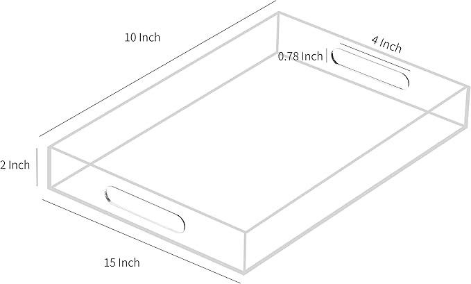 Clear Sturdy Acrylic Serving Tray with Handles 10x15x2H Inches -Spill Proof- Decorative Trays Countertop Organizer for Ottoman Coffee Table Nightstand, sidetable, Breakfast, Tea, Food