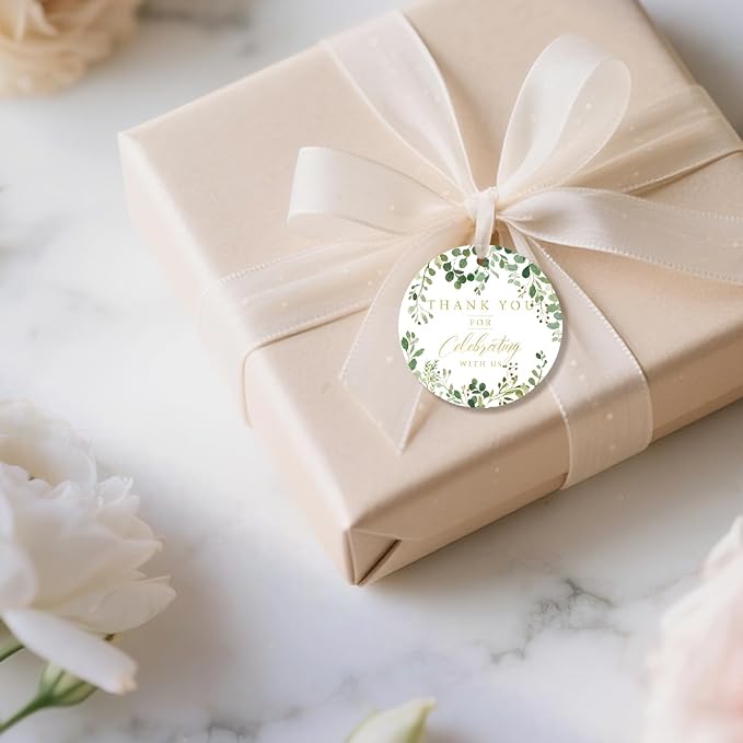 50PCS Thank You Gift Tags, 2x2 inch Green Floral Personalized Gift Tags with String for Wedding Birthdays Party Favors Baby Shower Bridal Shower