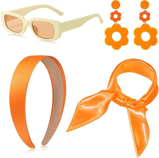 4 Pcs 70s 60s Accessories Women Hippie Disco Groovy Costume Accessories Headband Dangle Earrings Sunglasses Silk Scarf