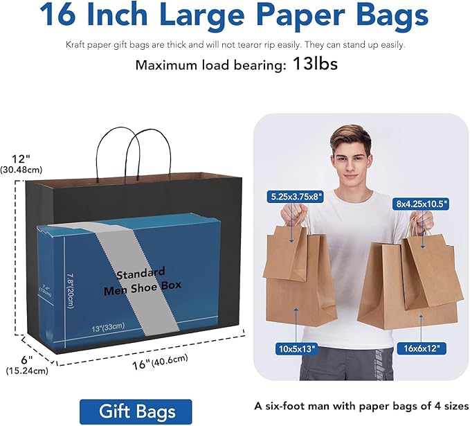 GSSUSA Large Paper Bags with Handles16x6x12 200 Pack, Gift Bag for Small Business, Paper Shopping Bag, Grocery, Food Service Take Out, Large Kraft Paper Bags, Bulk, Black