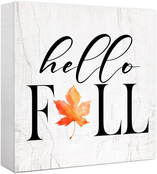 Funny Autumn Maple Leaves Wood Box Sign Hello Fall Leaves Wooden Block Desk Decor for Home Office Kitchen Cubicle Table Shelf Tabletop,Farmhouse Fall Sign Decor