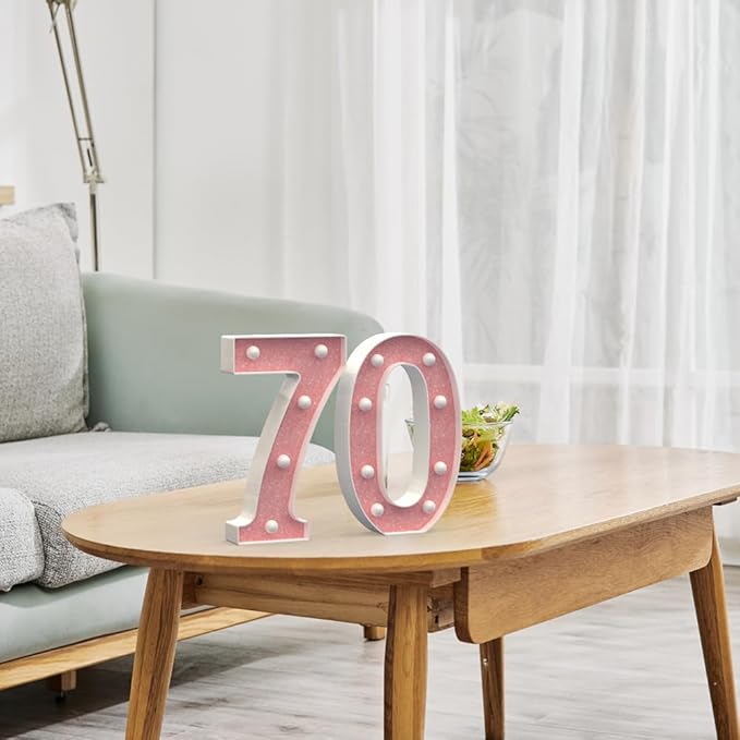 Marquee Numbers Light up Numbers, 0-9 Number Battery Powered LED Light, Pink Glitter Plastic Numbers for 70th Birthday Decorations, Number Decor for Graduation Engagement Wedding Birthday (Number 70)