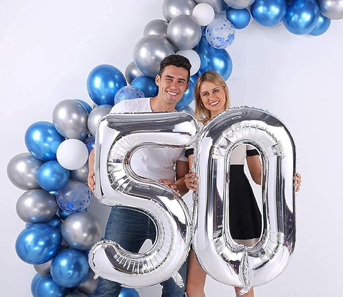 Silver 50 Number Balloons Big Giant Jumbo Large Number 50 Foil Mylar Balloons for Women Men 50th Birthday Party Supplies 50 Anniversary Events Decorations-40 inch