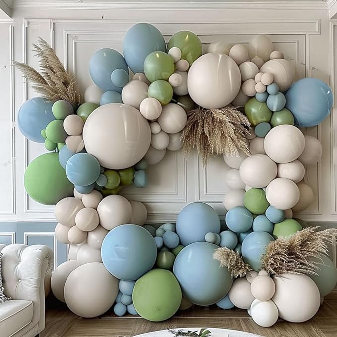 Dusty Blue Green Balloon Garland Arch Kit Double Stuffed Avocado Green Balloons Thick Latex White Sand Pastel Blue Balloons Kit For Jungle Safari Neutral Birthday Baby Shower Party Deocrations