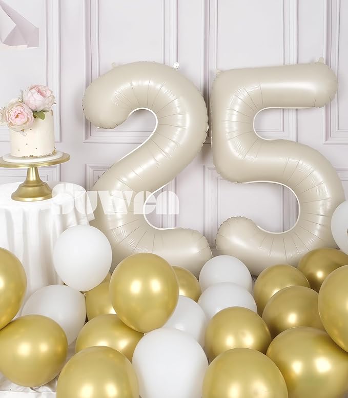 SUWEN 40 Inch Large Cream White 25 Balloon Numbers Big Foil Helium Number Balloons 0-9 Jumbo Happy 25th Mylar Birthday Party Decorations for Women or Men 52 Anniversary Party Supplies